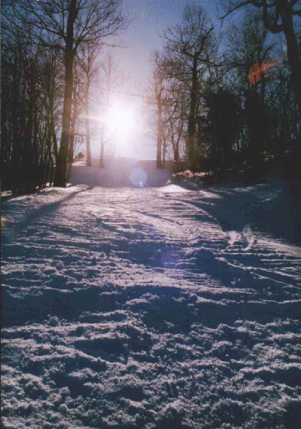 View looking up the chute to
          the top of the hill